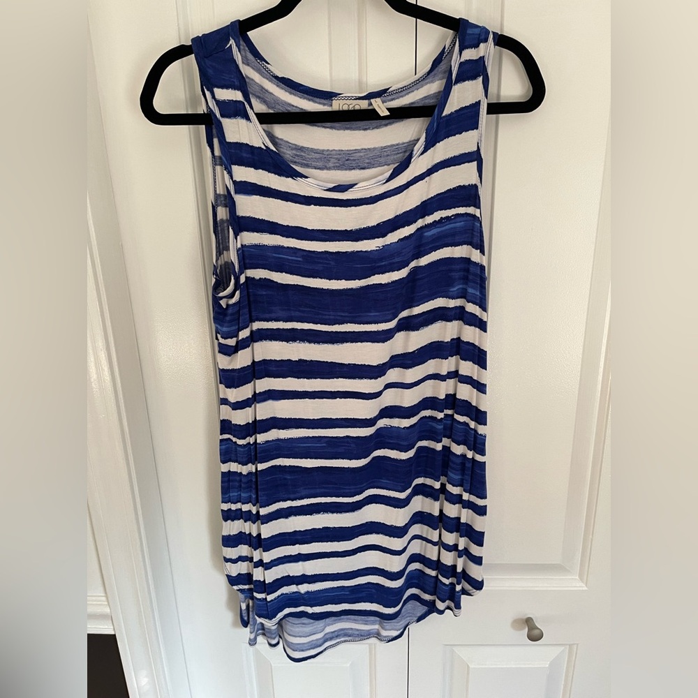 LOGO by Lori Goldstein Blue and White Striped Scoop Neck Tank large